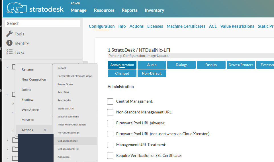 NoTouch management console with a device context menu open beside profile settings.