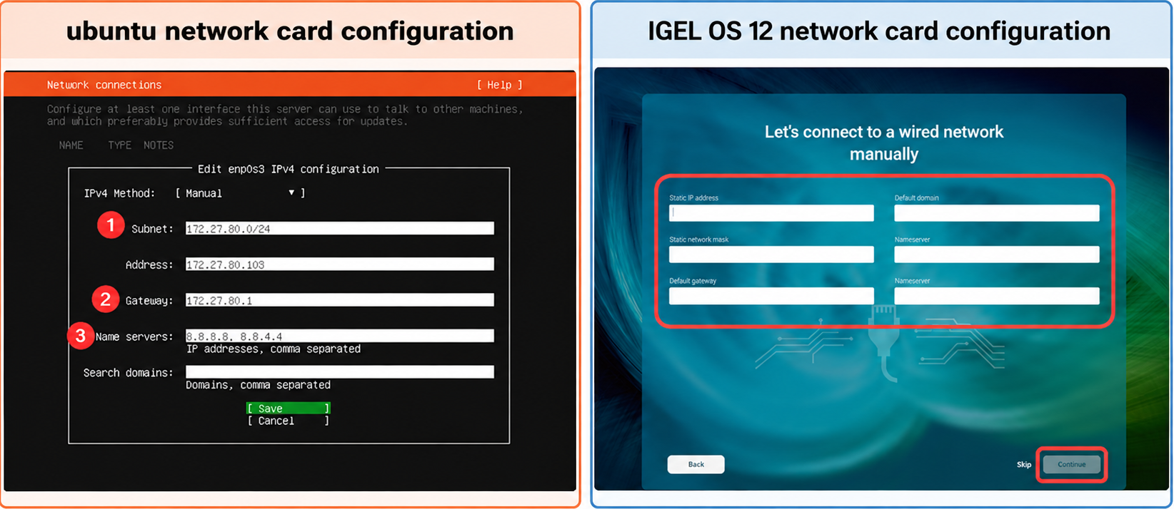 Side-by-side comparison of Ubuntu and IGEL OS IP configuration for specific network cards during installation