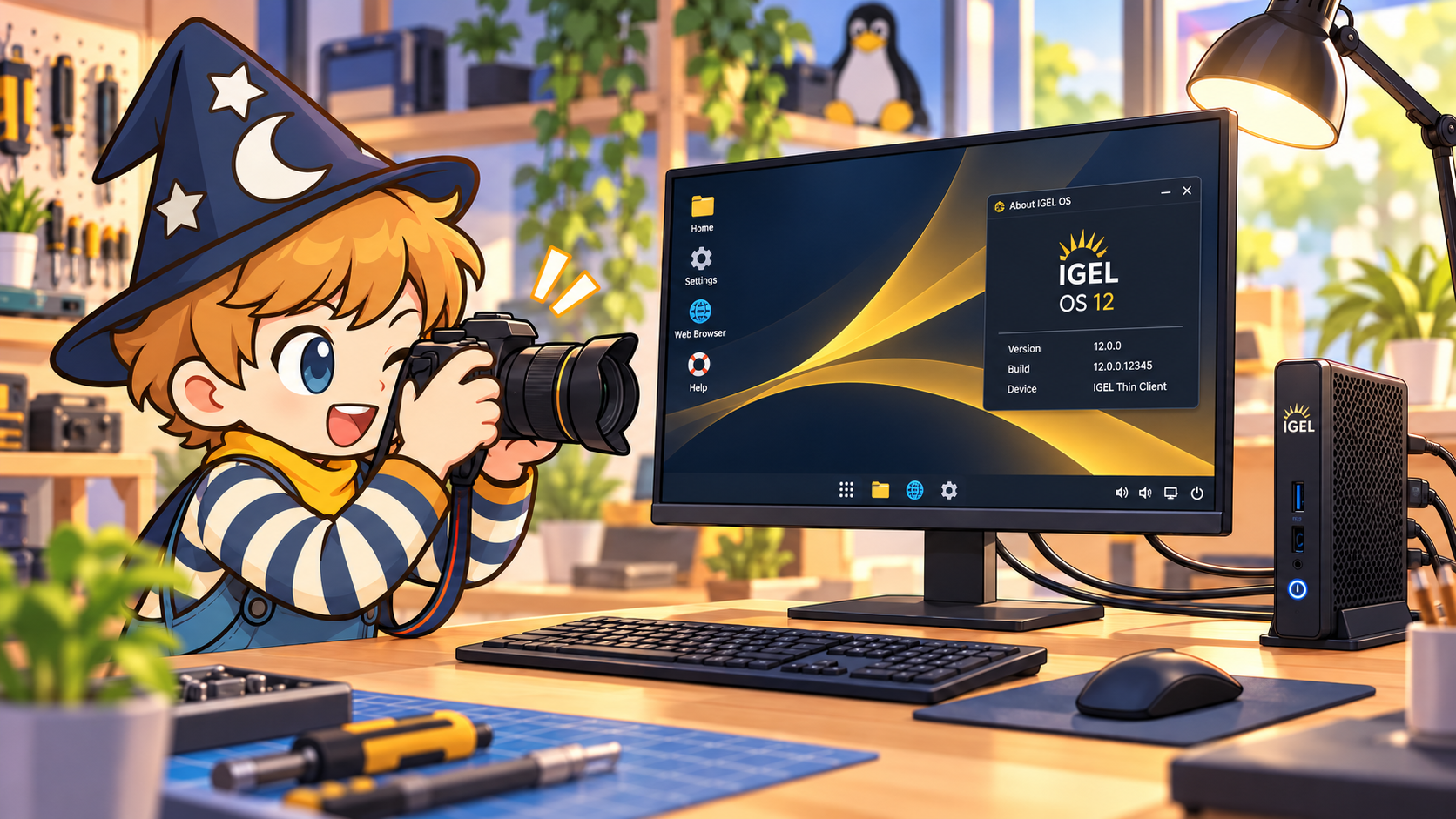 Illustration of a wizard photographing an IGEL OS 12 desktop and thin client.