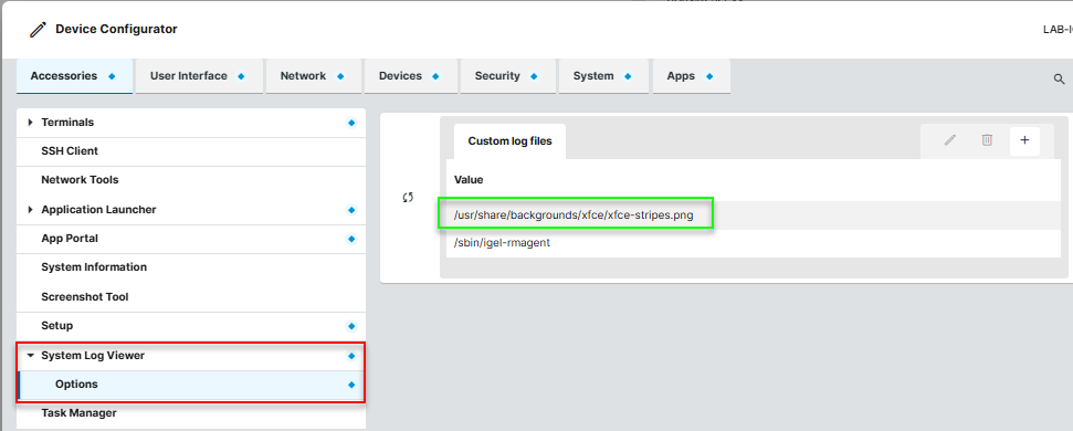 IGEL profile editor with a screenshot file selected under Custom Log Files.
