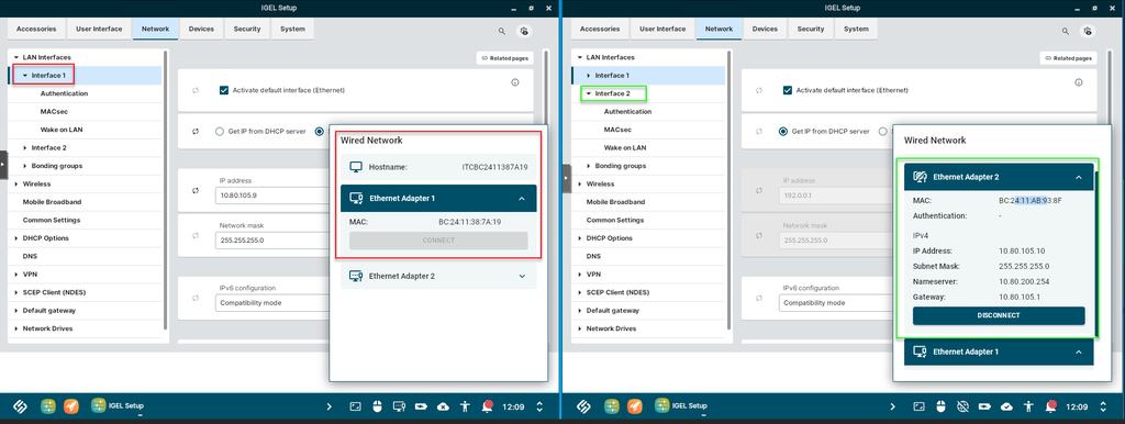 Showcase of the two VMs with a broken and working network configuration after reboot