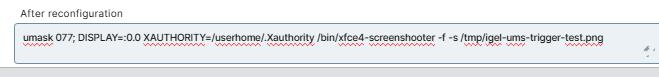 IGEL profile editor with the screenshot command entered in the After Reconfiguration field.