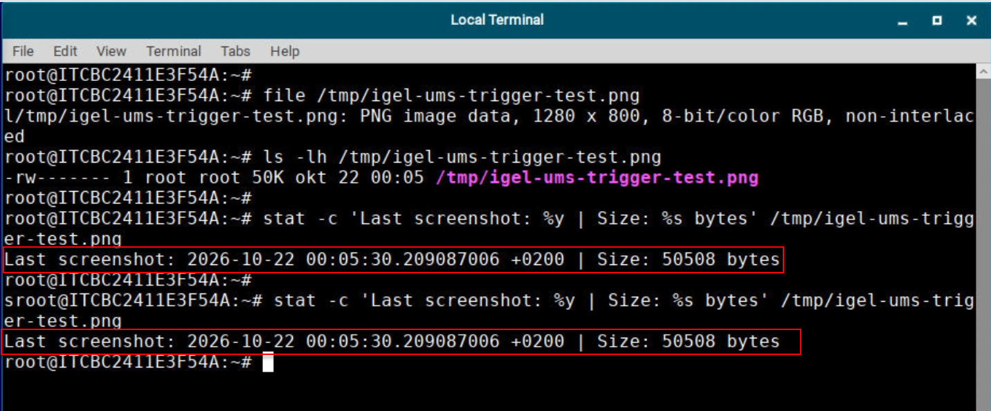 Terminal output showing the screenshot file timestamp unchanged after the same profile was applied again.