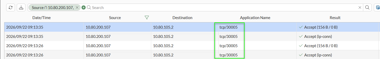 Firewall logs showing working TCP option