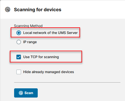 Use TCP for scanning enabled for a local network scan