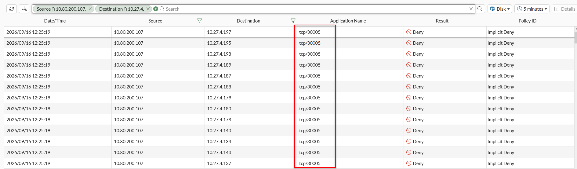 Firewall logs showing TCP in use
